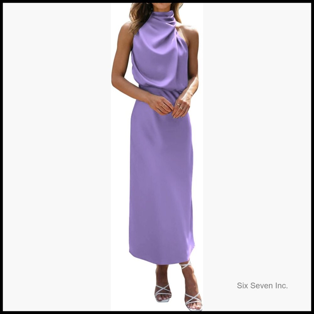 Satin Silk Sleeveless Mock Neck High Waist Maxi Formal Dress